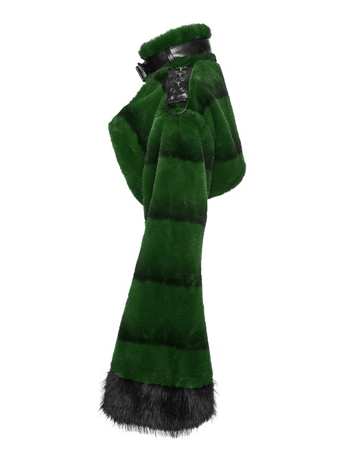 Green Ultra-Soft Artificial Fur Striped Texture Windproof Stand Collar Loose Long Sleeves Black Fur Trims Cuff Punk Style Super Short Coat