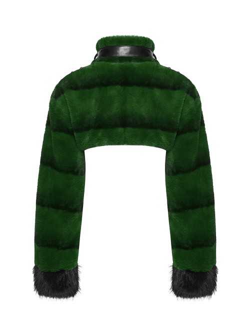 Green Ultra-Soft Artificial Fur Striped Texture Windproof Stand Collar Loose Long Sleeves Black Fur Trims Cuff Punk Style Super Short Coat