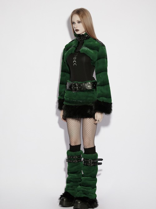 Green Ultra-Soft Artificial Fur Striped Texture Windproof Stand Collar Loose Long Sleeves Black Fur Trims Cuff Punk Style Super Short Coat