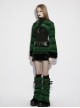 Green Ultra-Soft Artificial Fur Striped Texture Windproof Stand Collar Loose Long Sleeves Black Fur Trims Cuff Punk Style Super Short Coat