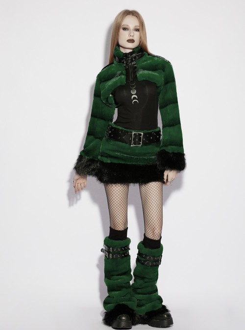 Green Ultra-Soft Artificial Fur Striped Texture Windproof Stand Collar Loose Long Sleeves Black Fur Trims Cuff Punk Style Super Short Coat