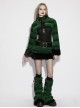 Green Ultra-Soft Artificial Fur Striped Texture Windproof Stand Collar Loose Long Sleeves Black Fur Trims Cuff Punk Style Super Short Coat
