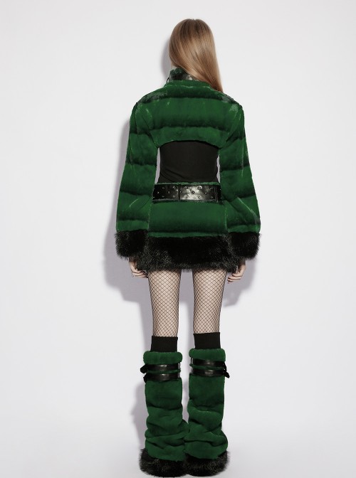Green Ultra-Soft Artificial Fur Striped Texture Windproof Stand Collar Loose Long Sleeves Black Fur Trims Cuff Punk Style Super Short Coat