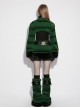 Green Ultra-Soft Artificial Fur Striped Texture Windproof Stand Collar Loose Long Sleeves Black Fur Trims Cuff Punk Style Super Short Coat