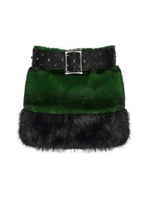 Green Ultra-Soft Artificial Fur Striped Fluffy Texture Black Fur Trims Hem Studded Belt Punk Style Skirt