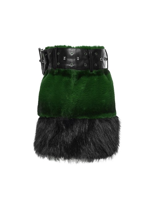 Green Ultra-Soft Artificial Fur Striped Fluffy Texture Black Fur Trims Hem Studded Belt Punk Style Skirt