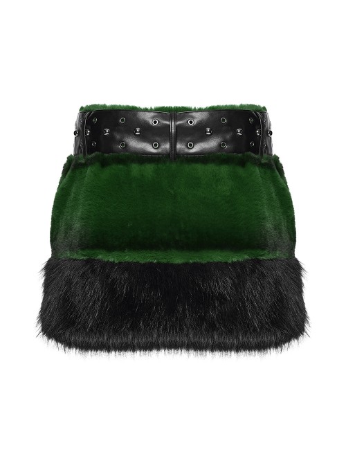 Green Ultra-Soft Artificial Fur Striped Fluffy Texture Black Fur Trims Hem Studded Belt Punk Style Skirt