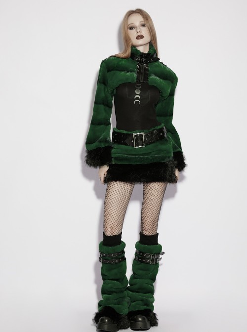 Green Ultra-Soft Artificial Fur Striped Fluffy Texture Black Fur Trims Hem Studded Belt Punk Style Skirt