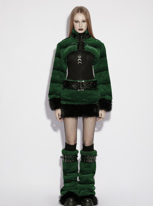 Green Ultra-Soft Artificial Fur Striped Fluffy Texture Black Fur Trims Hem Studded Belt Punk Style Skirt