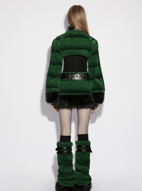 Green Ultra-Soft Artificial Fur Striped Fluffy Texture Black Fur Trims Hem Studded Belt Punk Style Skirt