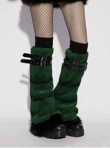 Green Ultra-Soft Artificial Fur Striped Texture Double Loops Design Fur Black Trims Hem Punk Style Leg Warmers