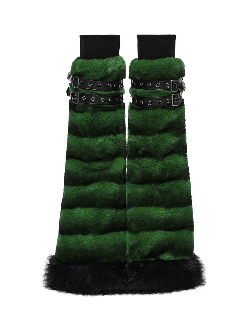 Green Ultra-Soft Artificial Fur Striped Texture Double Loops Design Fur Black Trims Hem Punk Style Leg Warmers