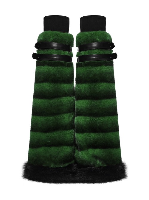 Green Ultra-Soft Artificial Fur Striped Texture Double Loops Design Fur Black Trims Hem Punk Style Leg Warmers