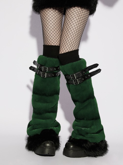 Green Ultra-Soft Artificial Fur Striped Texture Double Loops Design Fur Black Trims Hem Punk Style Leg Warmers