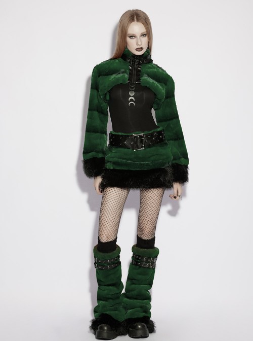 Green Ultra-Soft Artificial Fur Striped Texture Double Loops Design Fur Black Trims Hem Punk Style Leg Warmers
