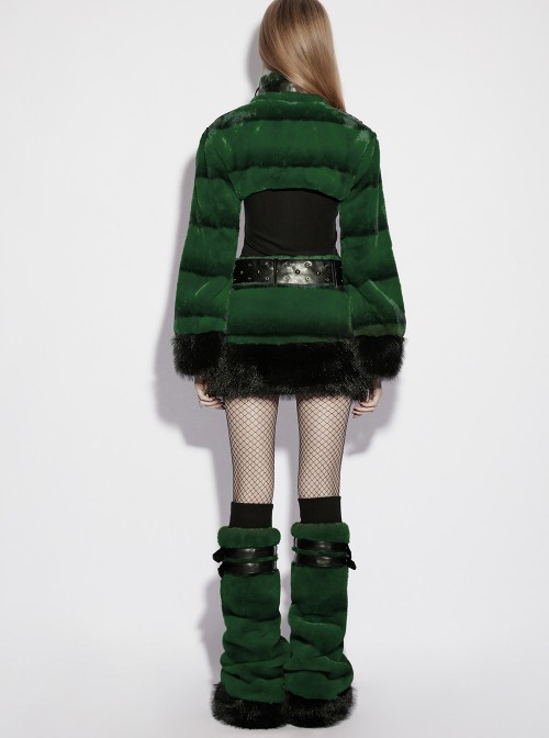Green Ultra-Soft Artificial Fur Striped Texture Double Loops Design Fur Black Trims Hem Punk Style Leg Warmers