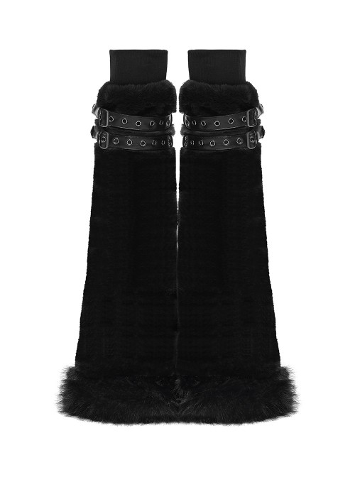Black Ultra-Soft Artificial Fur Striped Texture Double Loops Design Fur Trims Hem Punk Style Leg Warmers