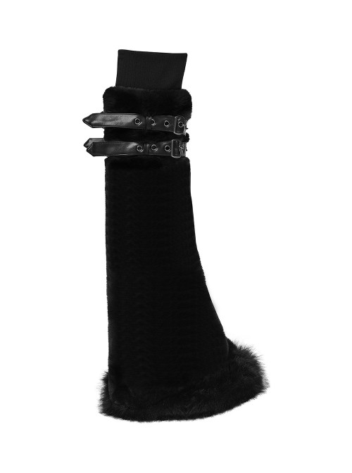 Black Ultra-Soft Artificial Fur Striped Texture Double Loops Design Fur Trims Hem Punk Style Leg Warmers