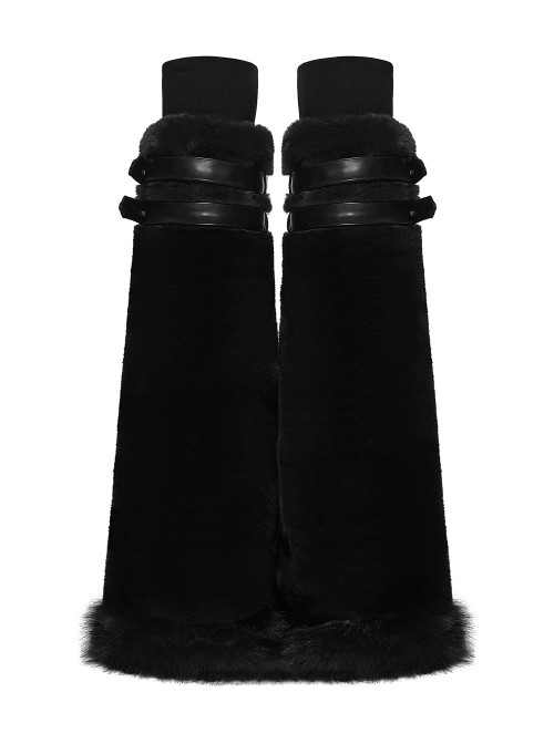 Black Ultra-Soft Artificial Fur Striped Texture Double Loops Design Fur Trims Hem Punk Style Leg Warmers