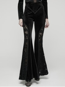 Black Stretch Velvet Splicing Lace Elegant Waist Pleating Gothic Style Flared Trousers