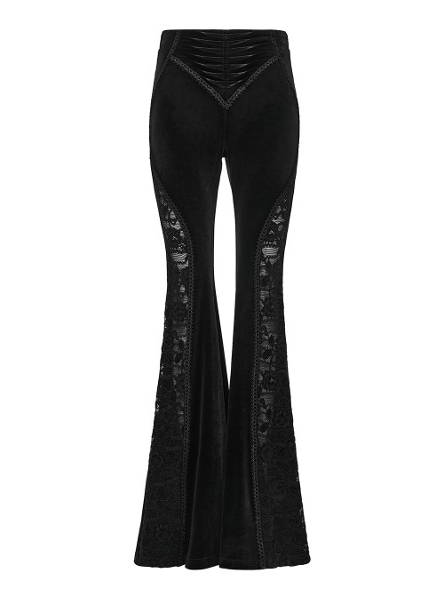 Black Stretch Velvet Splicing Lace Elegant Waist Pleating Gothic Style Flared Trousers