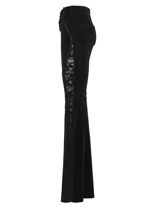 Black Stretch Velvet Splicing Lace Elegant Waist Pleating Gothic Style Flared Trousers