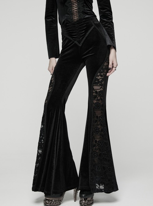 Black Stretch Velvet Splicing Lace Elegant Waist Pleating Gothic Style Flared Trousers