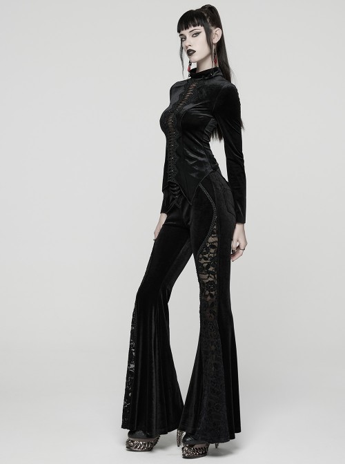 Black Stretch Velvet Splicing Lace Elegant Waist Pleating Gothic Style Flared Trousers