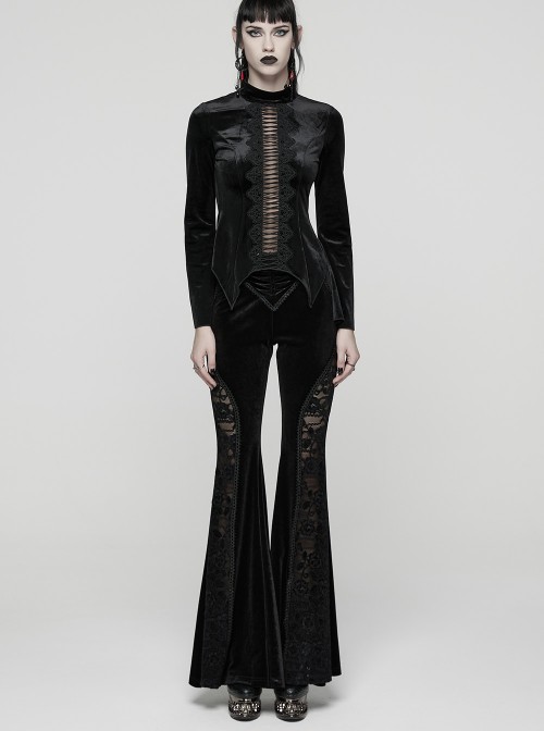 Black Stretch Velvet Splicing Lace Elegant Waist Pleating Gothic Style Flared Trousers