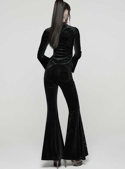 Black Stretch Velvet Splicing Lace Elegant Waist Pleating Gothic Style Flared Trousers