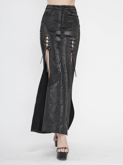 Black Snake-Like Leather Side Slit Hem Lace-Up Rivet Punk Long Skirt