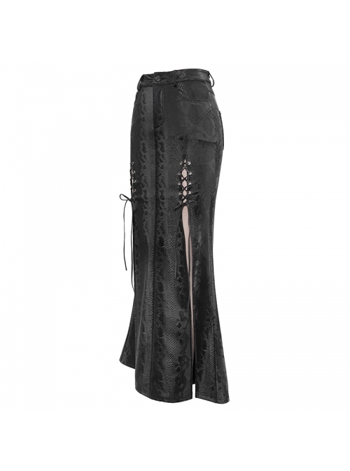 Black Snake-Like Leather Side Slit Hem Lace-Up Rivet Punk Long Skirt