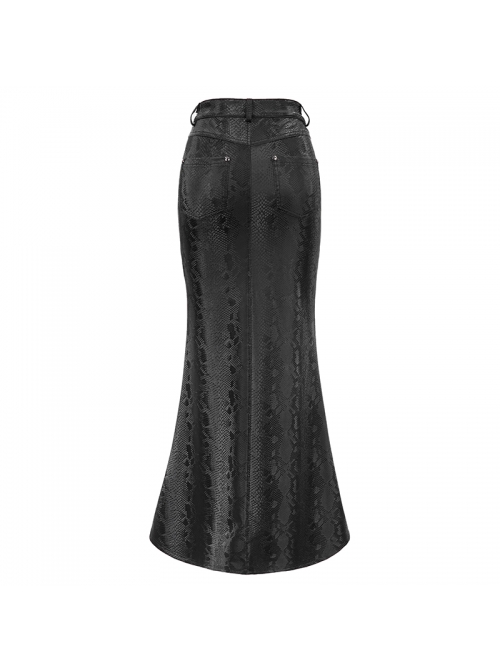 Black Snake-Like Leather Side Slit Hem Lace-Up Rivet Punk Long Skirt