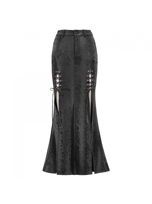Black Snake-Like Leather Side Slit Hem Lace-Up Rivet Punk Long Skirt