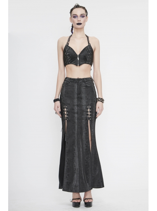 Black Snake-Like Leather Side Slit Hem Lace-Up Rivet Punk Long Skirt