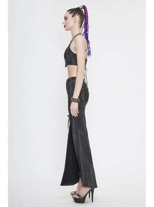 Black Snake-Like Leather Side Slit Hem Lace-Up Rivet Punk Long Skirt
