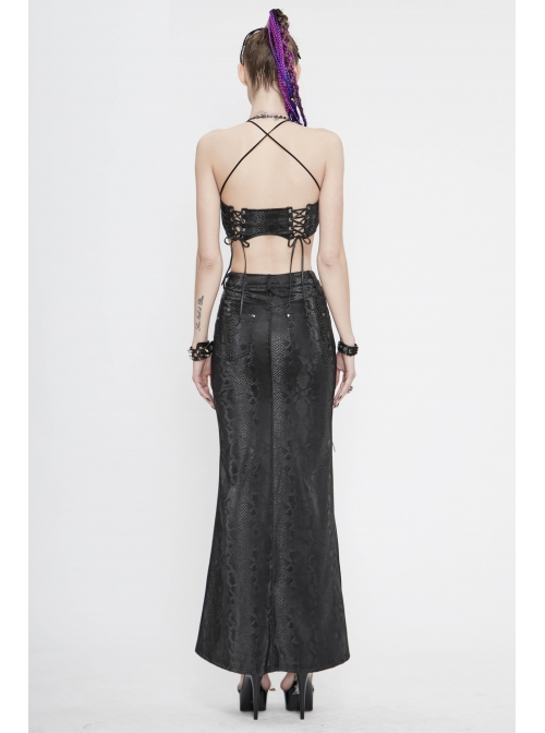 Black Snake-Like Leather Side Slit Hem Lace-Up Rivet Punk Long Skirt