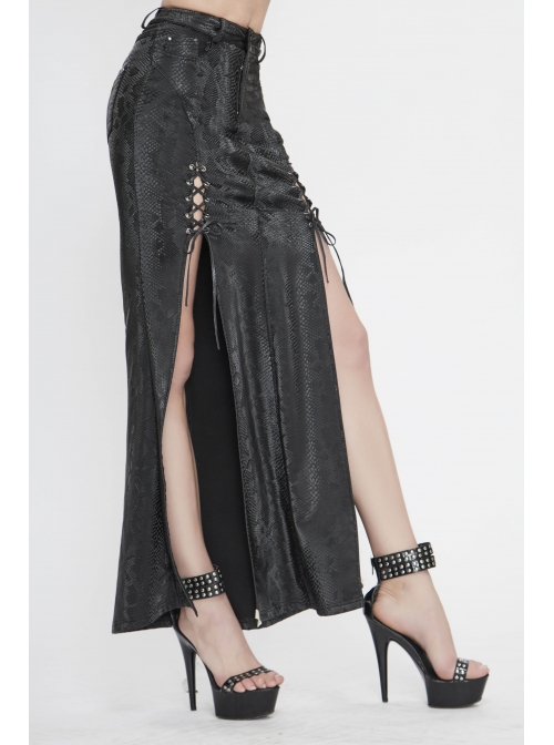 Black Snake-Like Leather Side Slit Hem Lace-Up Rivet Punk Long Skirt
