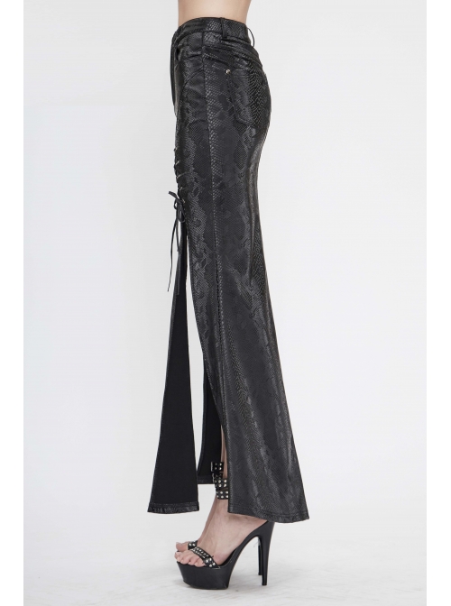 Black Snake-Like Leather Side Slit Hem Lace-Up Rivet Punk Long Skirt