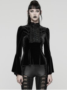 Black Stretch Velvet Front Ruffled Lace Stand Collar Irregular Flared Cuffs Elegant Gothic Style Long Sleeves T-Shirt