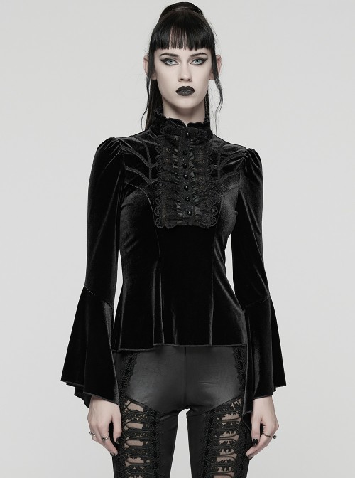 Black Stretch Velvet Front Ruffled Lace Stand Collar Irregular Flared Cuffs Elegant Gothic Style Long Sleeves T-Shirt