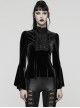 Black Stretch Velvet Front Ruffled Lace Stand Collar Irregular Flared Cuffs Elegant Gothic Style Long Sleeves T-Shirt