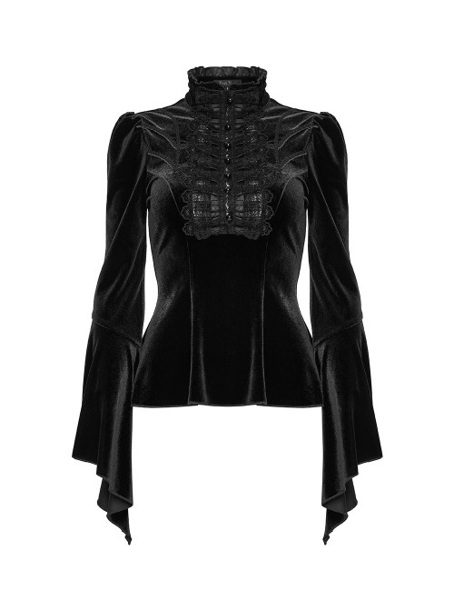 Black Stretch Velvet Front Ruffled Lace Stand Collar Irregular Flared Cuffs Elegant Gothic Style Long Sleeves T-Shirt
