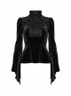 Black Stretch Velvet Front Ruffled Lace Stand Collar Irregular Flared Cuffs Elegant Gothic Style Long Sleeves T-Shirt