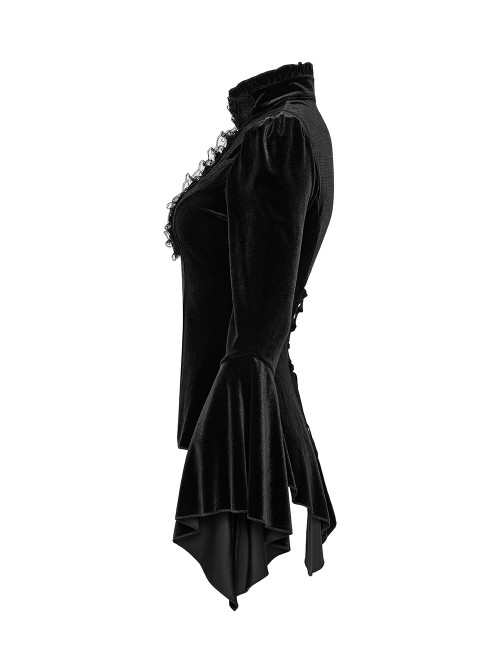 Black Stretch Velvet Front Ruffled Lace Stand Collar Irregular Flared Cuffs Elegant Gothic Style Long Sleeves T-Shirt