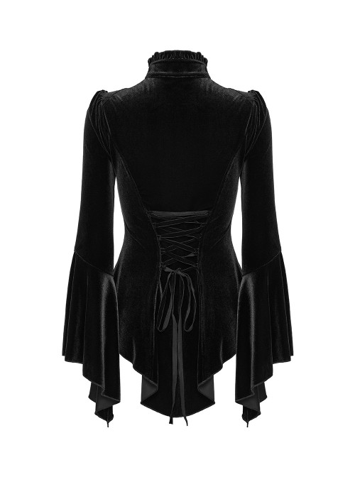 Black Stretch Velvet Front Ruffled Lace Stand Collar Irregular Flared Cuffs Elegant Gothic Style Long Sleeves T-Shirt