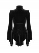 Black Stretch Velvet Front Ruffled Lace Stand Collar Irregular Flared Cuffs Elegant Gothic Style Long Sleeves T-Shirt