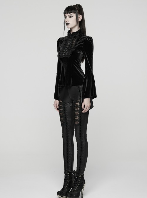 Black Stretch Velvet Front Ruffled Lace Stand Collar Irregular Flared Cuffs Elegant Gothic Style Long Sleeves T-Shirt