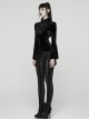 Black Stretch Velvet Front Ruffled Lace Stand Collar Irregular Flared Cuffs Elegant Gothic Style Long Sleeves T-Shirt