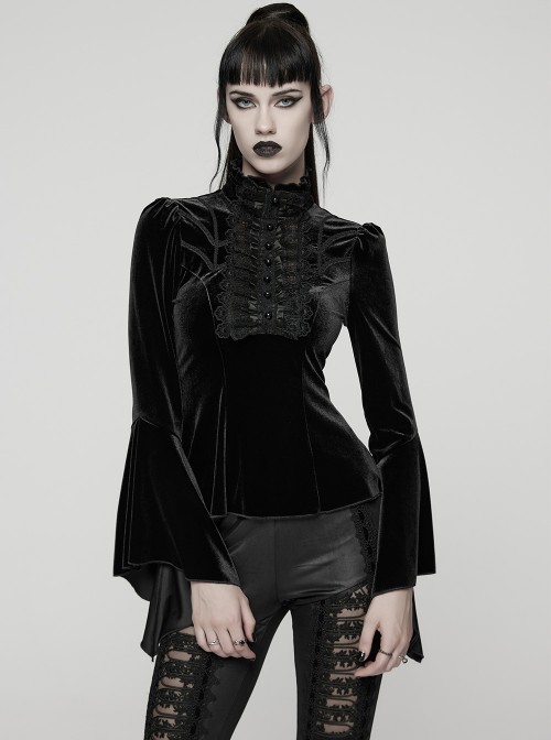 Black Stretch Velvet Front Ruffled Lace Stand Collar Irregular Flared Cuffs Elegant Gothic Style Long Sleeves T-Shirt